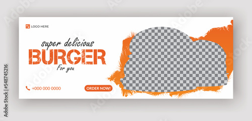 Super delicious burger  and restaurant food menu discount offer, promotional social media or timeline cover, web banner design template