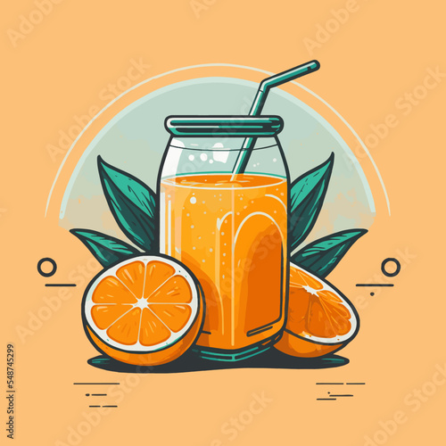 Illustration of fruit Orange Juice with slice oranges on isolated background Vector Flat Color