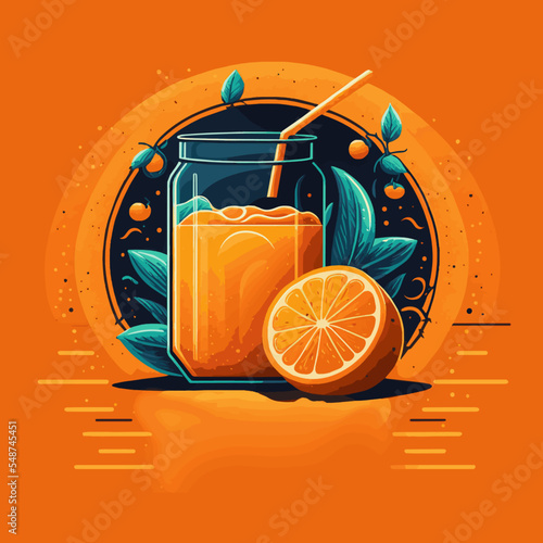Illustration of fruit Orange Juice with slice oranges on isolated background Vector Flat Color