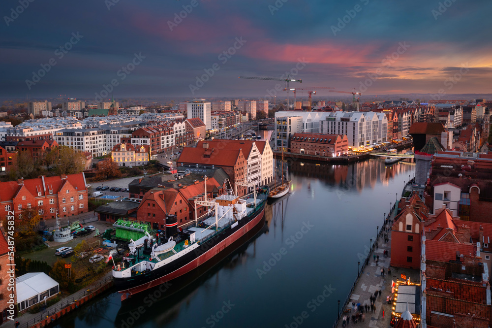 Beautiful sunset over the Motlawa river in Gdansk. Poland
