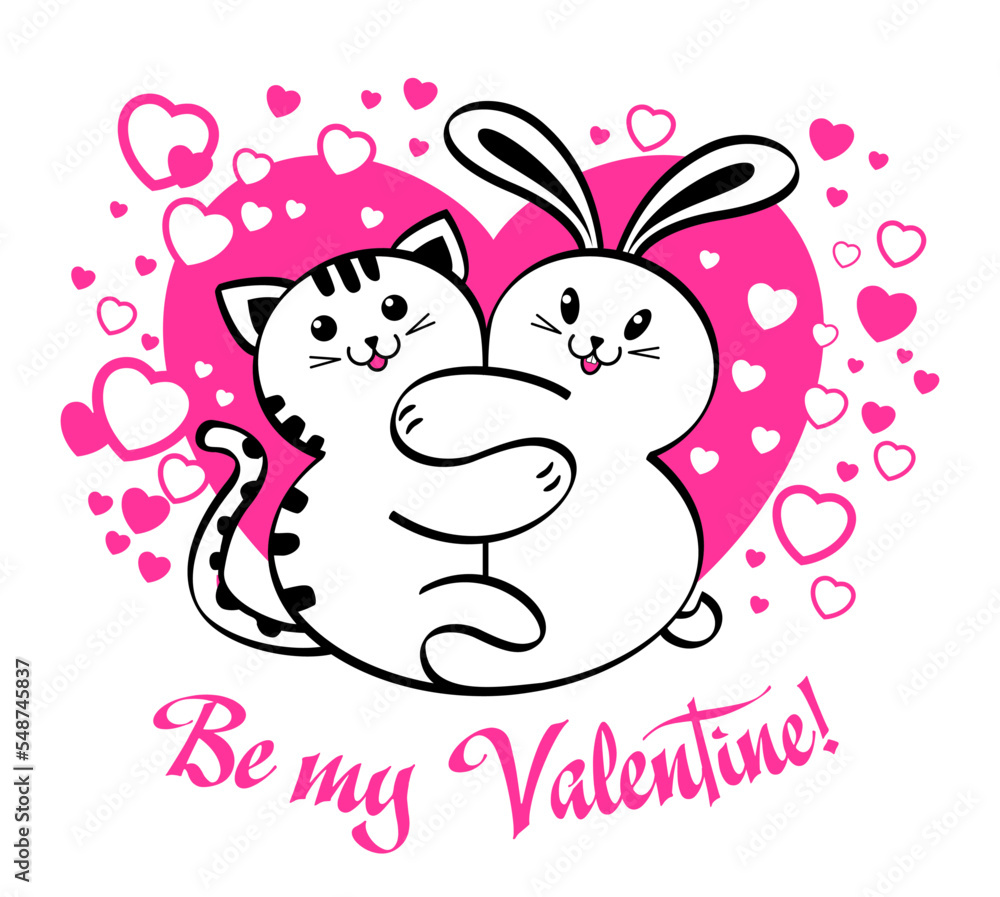 Kitten and bunny cuddle on the background of a pink heart. Vector template for greeting card, Valentines day invitation