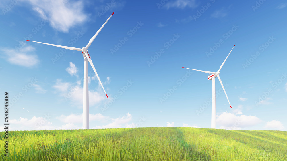 Panoramic view of wind farm or wind park, with high wind turbines for generation electricity with copy space. green energy concept. Windmills in the on a beautiful bright day. 3d rendering. Panoramic view of wind farm or wind park, with high wind turbines for generation electricity with copy space. green energy concept. Windmills in the on a beautiful bright day. 3d rendering.