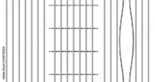 Prison metal bars vertical squared and bent for escape set realistic vector illustration