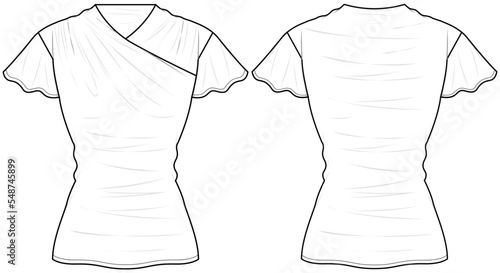 womens overlap v neck short sleeve blouse top flat sketch vector illustration front and back view technical cad drawing template