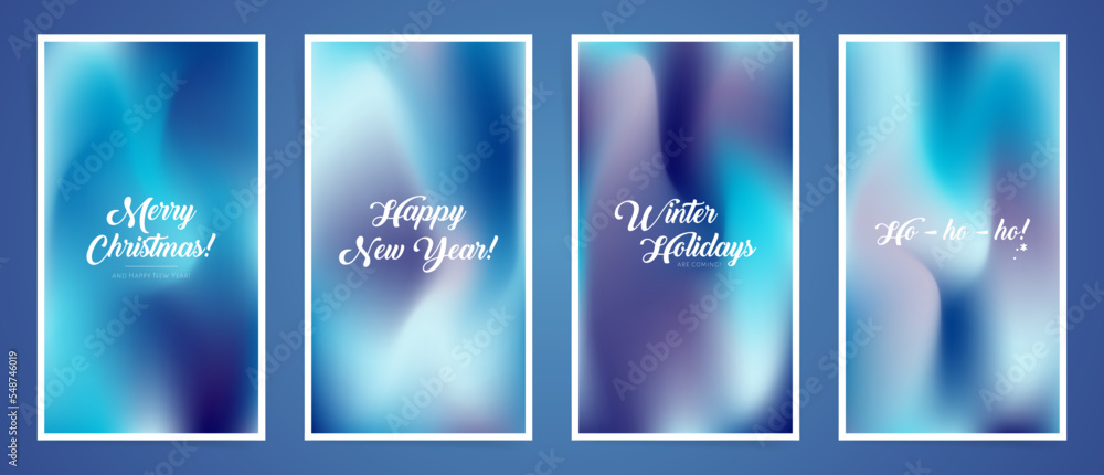 Gradient winter wavy minimal cover template design stories set for background, social post, invitation and cover. Frozen lights frames. Vector New year and Christmas sales banners set.