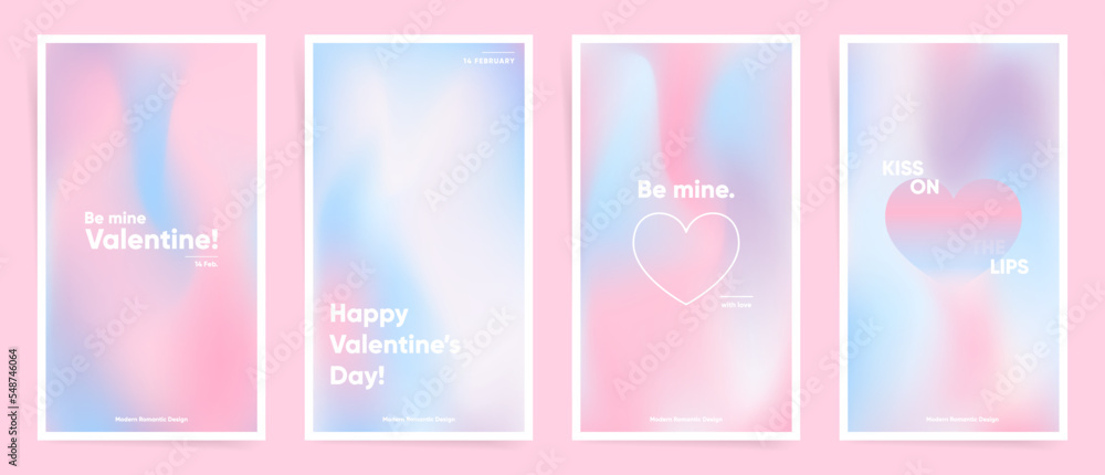 Saint Valentine's Day stories template. Lovely modern art poster cover design. Invitations, greeting cards or post templates with valentine day gradients. Wavy pink gradient layout wallpaper set. - obrazy, fototapety, plakaty 