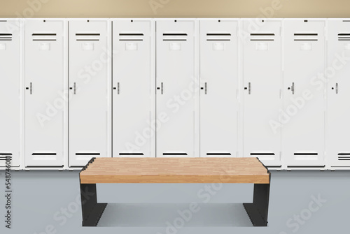 Sports locker room fitness club gym interior with wooden bench realistic vector illustration