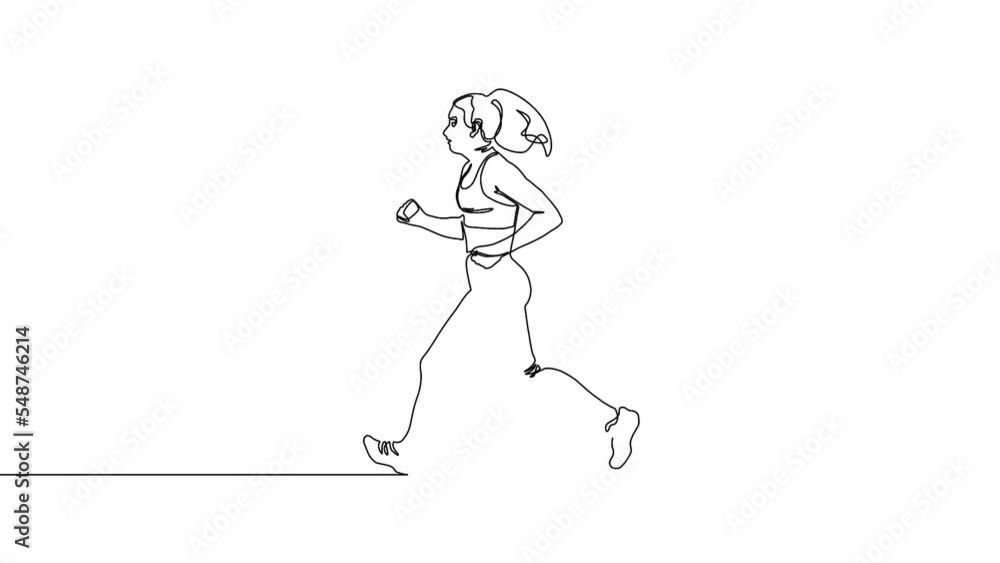 Self drawing simple single continuous one line drawing young running woman. Handrawn, black line on a white background. Sport and health life style animation. Self drawing simple single continuous one line drawing young running woman. Handrawn, black line on a white background. Sport and health life style animation.