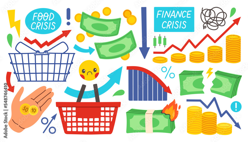 Vector set of icons, food crisis and finance crisis. Global food shortages and rising prices. Inflation vector set Vector set of icons, food crisis and finance crisis. Global food shortages and rising prices. Inflation vector set