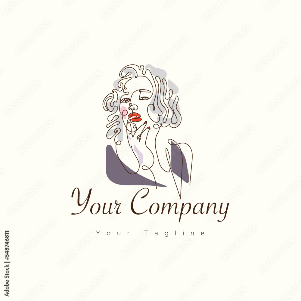 Fototapeta premium Minimal beautiful woman logo and leaf design in elegant line art style logo.