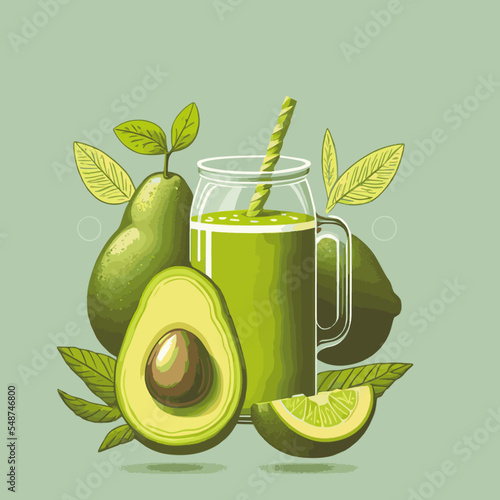 Green Avocado Juice in Jar Vector Illustration a Glass smoothie Drink Design Poster