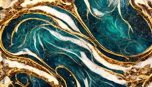Blue and gold oil paint mixing texture. Abstract marble texture. Gold and blue paint background.