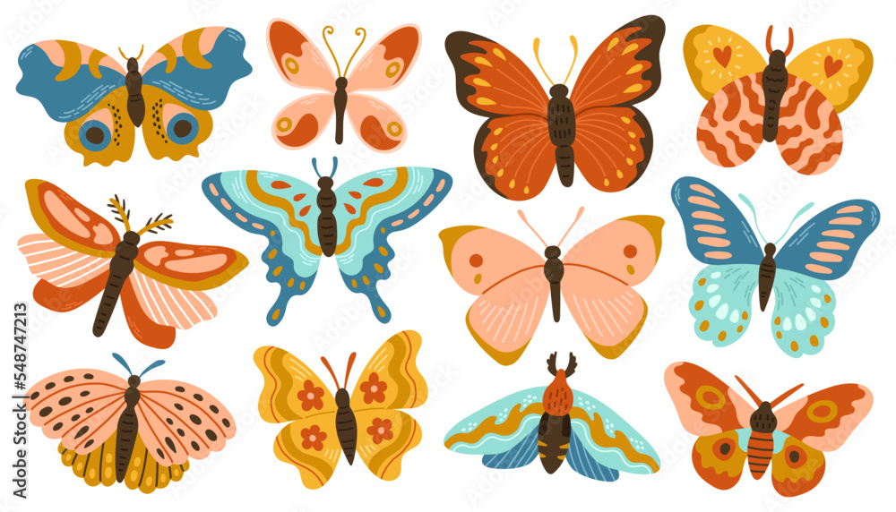 Obraz premium Butterflies and moths collection with abstract decorative modern design, vector isolated on white