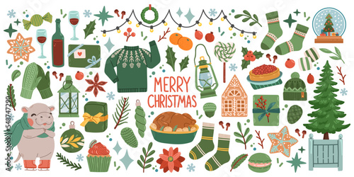 Christmas big set of elements with cookies, houses, presents, sweater, fur tree, wreaths. Stickers set. Hand drawn style