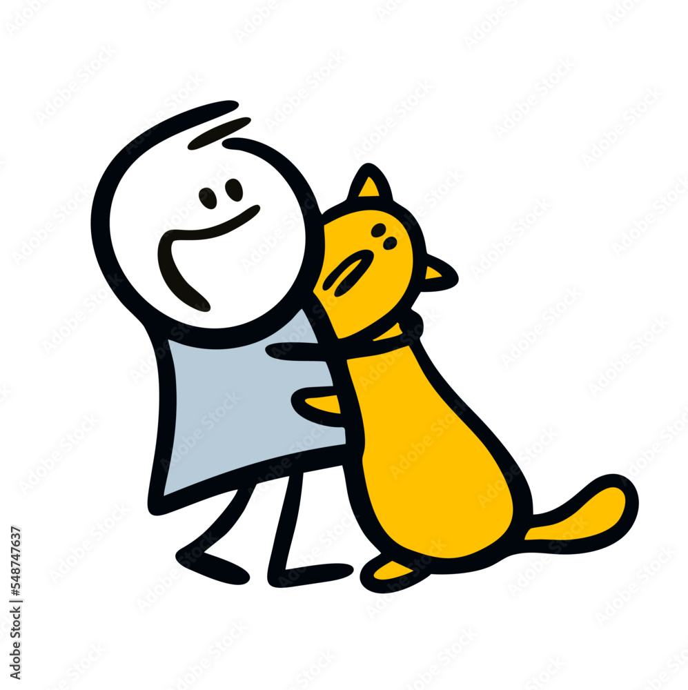 Happy doodle couple of cat pet and human master hugging with love.