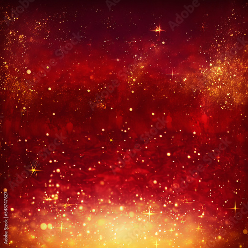 Abstract Christmas background. Red and gold boken glittering background. Red glitter vintage lights background.