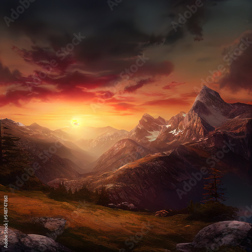 Sunset over the mountain valley. Red sunset over a high snowy mountains.