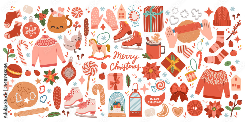 Christmas big set of elements with cookies, houses, presents, sweater, fur tree, wreaths. Stickers set. Hand drawn style Christmas big set of elements with cookies, houses, presents, sweater, fur tree, wreaths. Stickers set. Hand drawn style