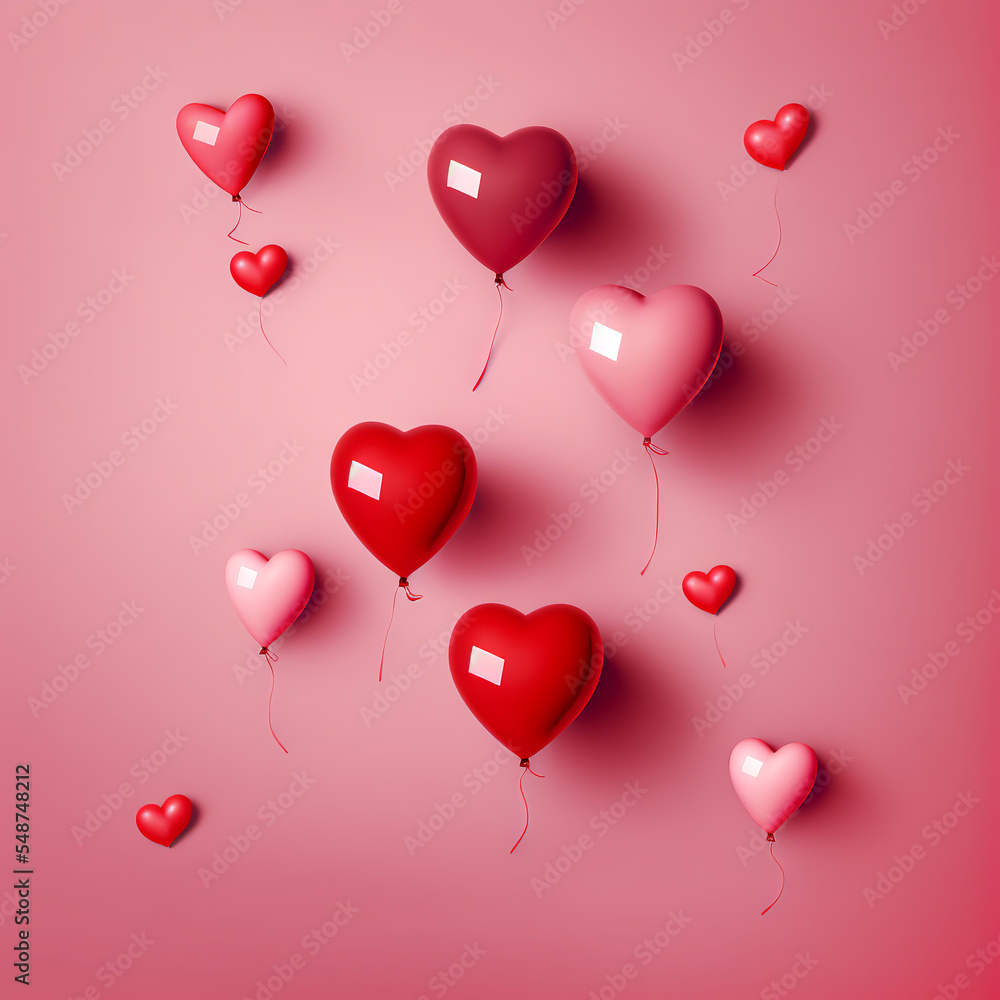 Red and pink color heart shaped balloons on pink background. Love shape air balloons. Valentine's Day party decoration on background. Mother's Day background.