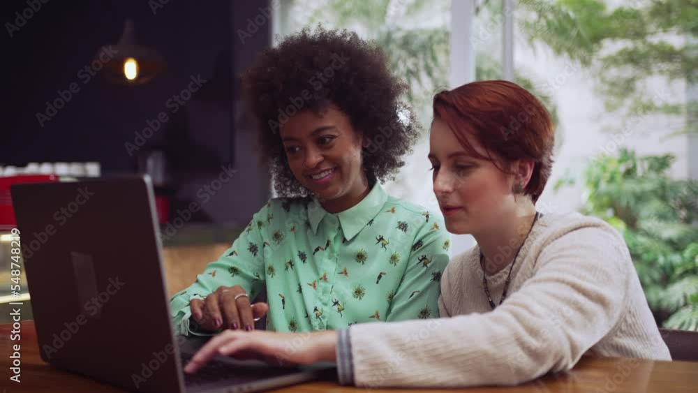 Two young diverse women discussing work in front of laptop. Girls seated at coffee shop pointing at computer screen explaining new job Two young diverse women discussing work in front of laptop. Girls seated at coffee shop pointing at computer screen explaining new job