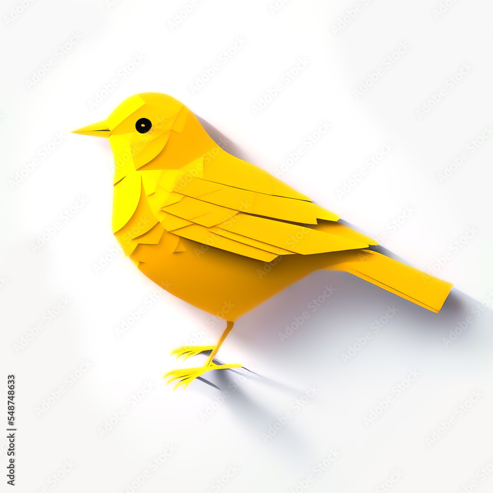 Paper craft yellow bird. Origami bird on white background. Digital art