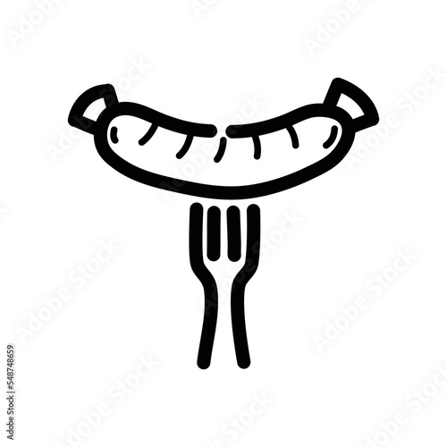 Bavarian sausage on a fork doodle icon. Hand drawn symbol. Vector illustration.
