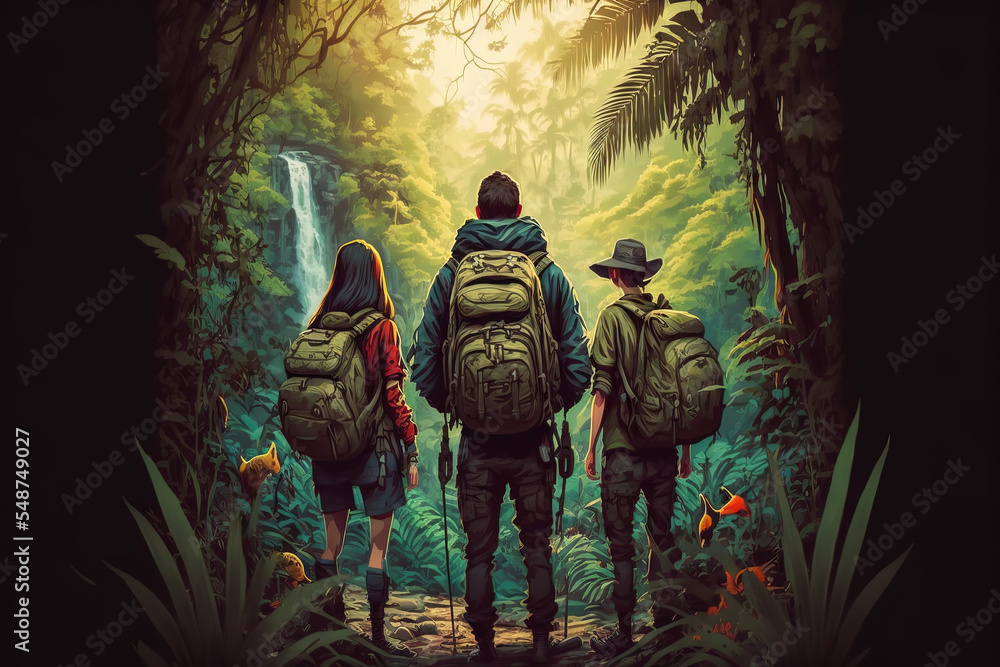 Adventure concept art featuring a group of friends standing and