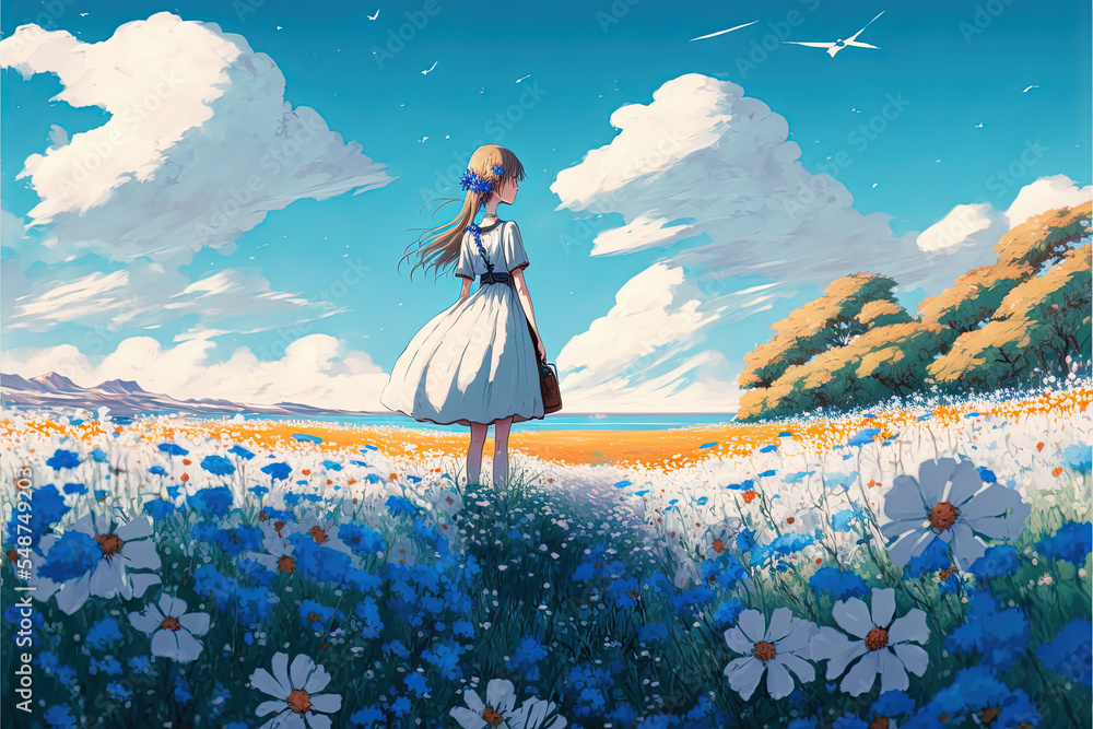 Digital illustration in the style of anime featuring a field of blue