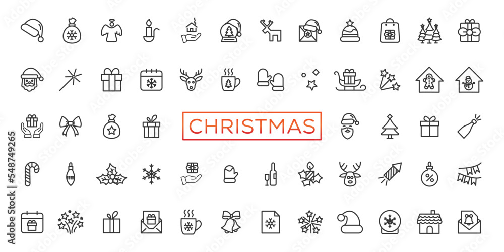 Christmas line icon collection. Holiday symbol. Outline Xmas icons set. Santa claus, gift, angel, box, bow, bell, christmas tree, fireworks, snow, snowman, bag and more Christmas line icon collection. Holiday symbol. Outline Xmas icons set. Santa claus, gift, angel, box, bow, bell, christmas tree, fireworks, snow, snowman, bag and more
