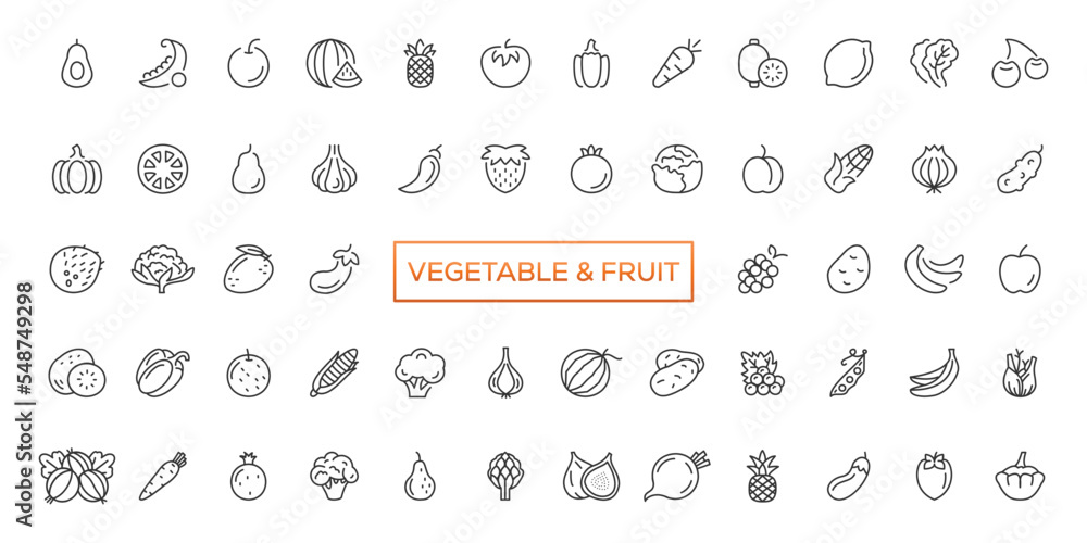 Fruits and vegetables icons set. Vector line icons, modern linear design graphic elements, outline symbols Fruits and vegetables icons set. Vector line icons, modern linear design graphic elements, outline symbols