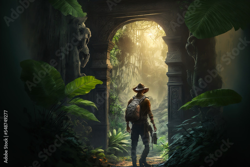 Fototapet Concept art of an explorer walking in the middle of the jungle through a secret gate