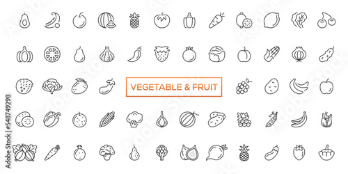 Fruits and vegetables icons set. Vector line icons, modern linear design graphic elements, outline symbols