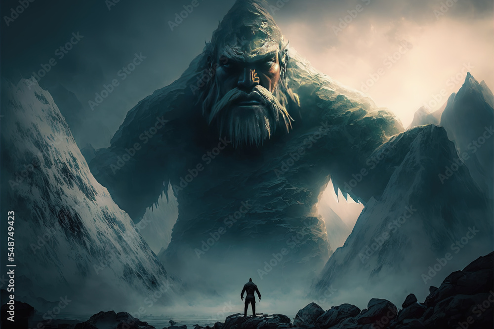 Fantasy concept art of an ancient giant as tall as mountains versus a man. Enormous mythical human like creature in a fictional storybook artwork. Humongous gigantic beast watching a man. - obrazy, fototapety, plakaty 