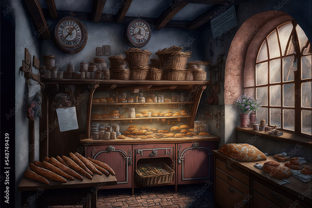 Inside of a medieval bakery with loafs of baked bread on counters