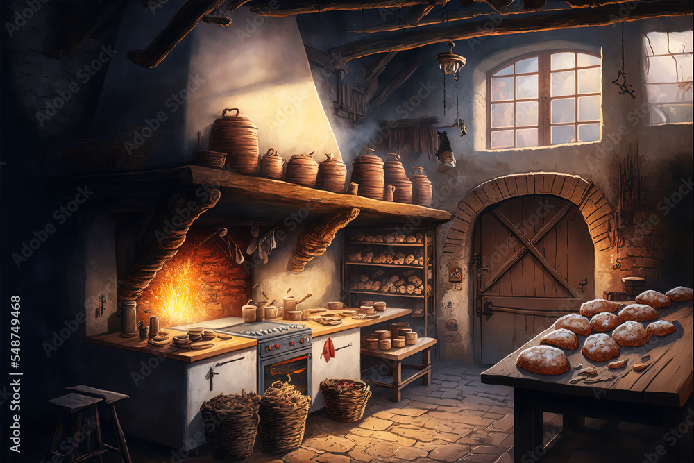 Digital illustration of a medieval interior bakery. Loafs of bread