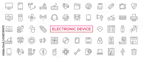 Electronic device line icon set, technology symbols collection, vector sketches, logo illustrations, linear pictograms package isolated on white background