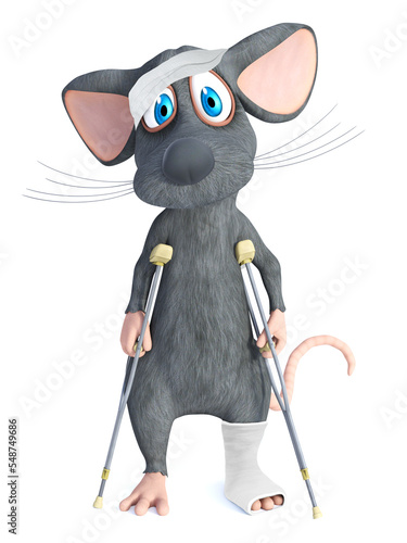 3D rendering of an injured cartoon mouse on crutches.