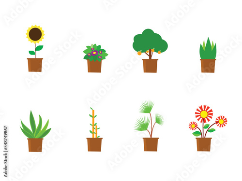 Indoor landscape garden potted plants isolated on white. Vector set green plant in pot.