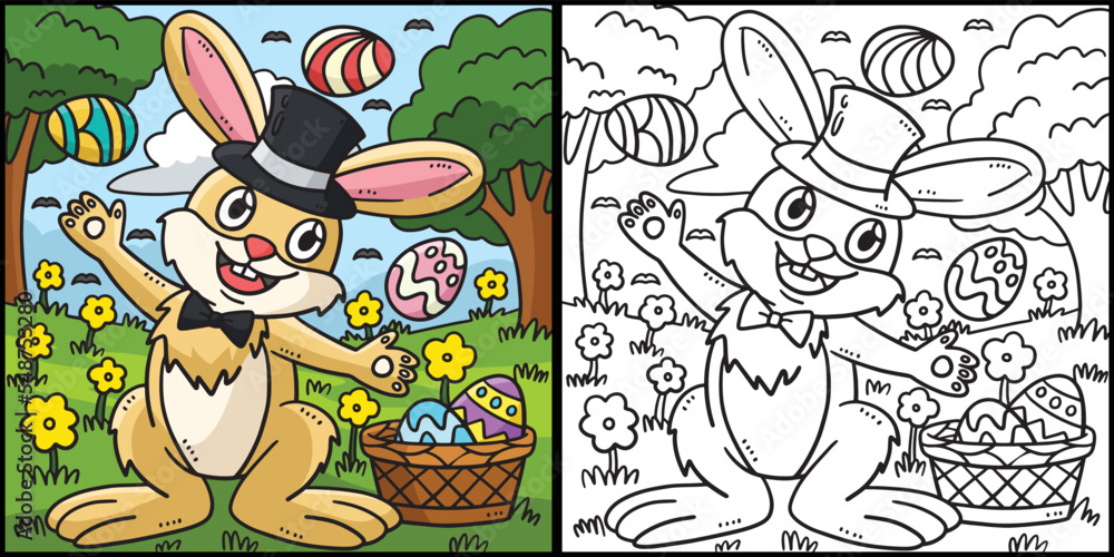 Bunny Juggling Easter Eggs Coloring Illustration