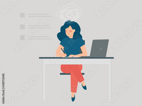 Depressed businesswoman sitting behind her office desk and feels stress, depression. Sad female worker or boss feels overloaded because of unfinished projects. Burnout, labor exploitation concept.