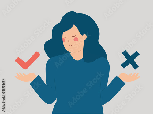 Woman showing a check mark or an approval and disapproval signal. Client reviewing a service or product and hesitating between a negative or a positive sign. Customer feedback or review concept.