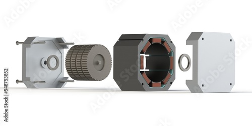 Stepper motor exploded view 3D rendering isolated on white background