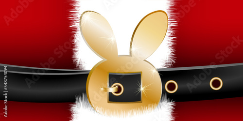 Close up red coat with fur and rabbit shape belt of Santa Claus. Christmas background.