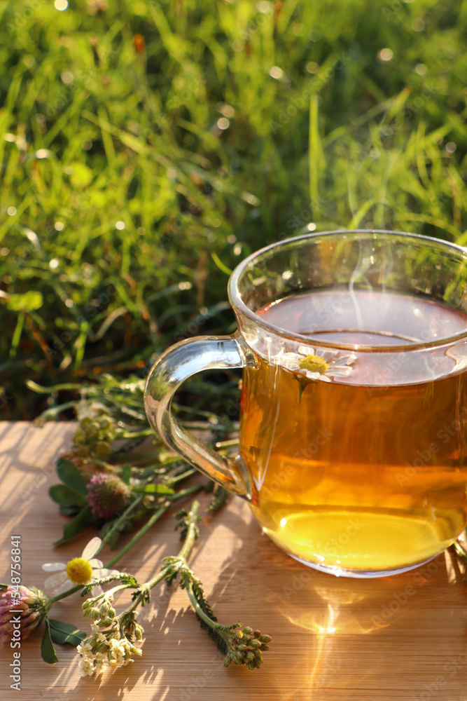 Cup of aromatic herbal tea and different wildflowers on wooden board in meadow Cup of aromatic herbal tea and different wildflowers on wooden board in meadow