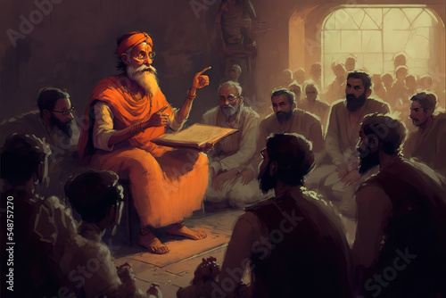 AI generated image of an old Hindu rishi or sadhu educating young people in ancient India 