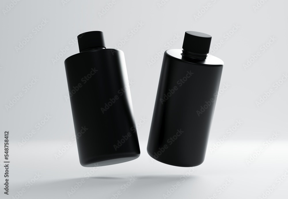 Two plastic shampoo bottles floating on gray background 3D render mockup Two plastic shampoo bottles floating on gray background 3D render mockup