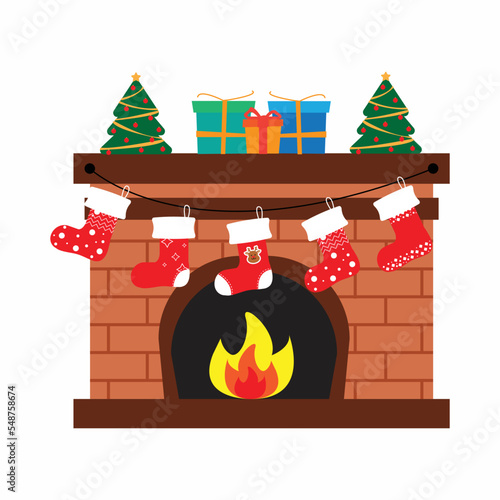 Fireplace bricks holding socks, christmas trees, gift boxes for decoration. Merry christmas holiday and New year celebration. Vector illustration flat style.