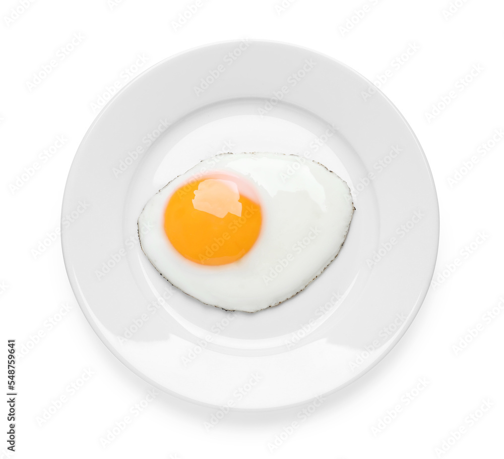 Plate with delicious fried egg isolated on white, top view Plate with delicious fried egg isolated on white, top view