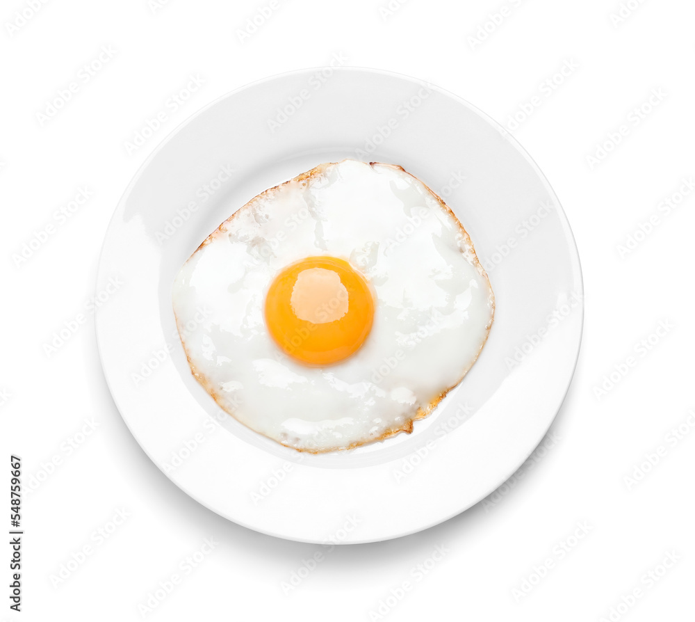 Plate with delicious fried egg isolated on white, top view Plate with delicious fried egg isolated on white, top view