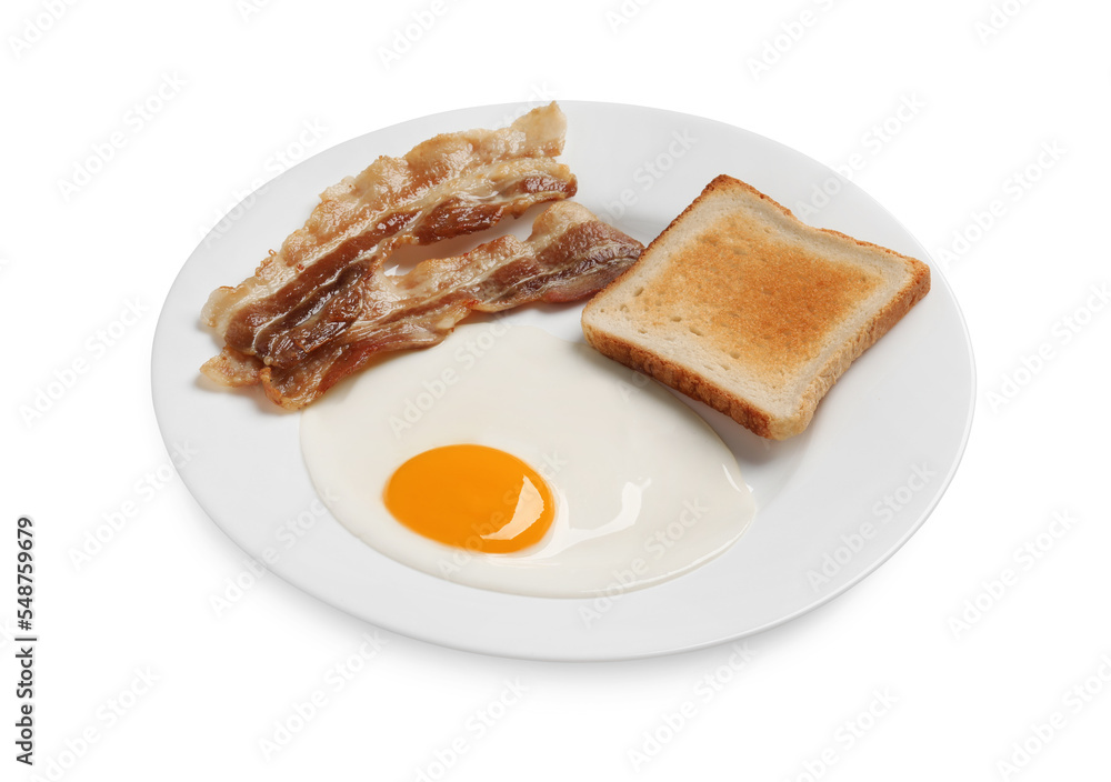 Tasty fried egg with toast and bacon in plate isolated on white